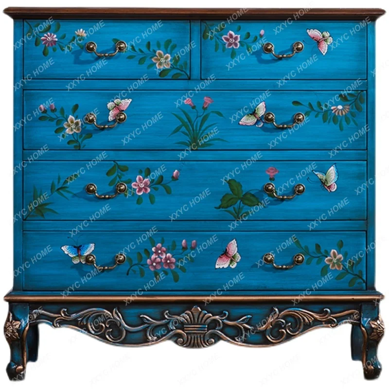 Pastoral Furniture Fresh Delicate Flowers and Birds Solid Wood Chest of Drawers Antique Large Storage Hallway Dining Side