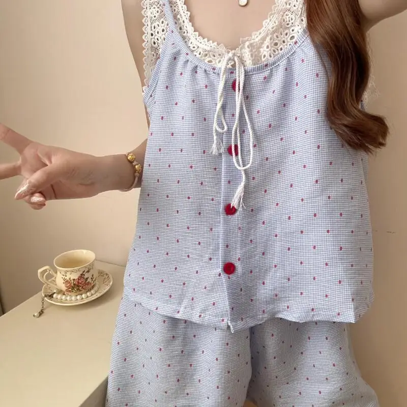Simple Comfortable Lace Edge Sleepwear for Girls Summer Youth Vest Shorts Set Comfortable Breathable Skin Friendly Home Clothes