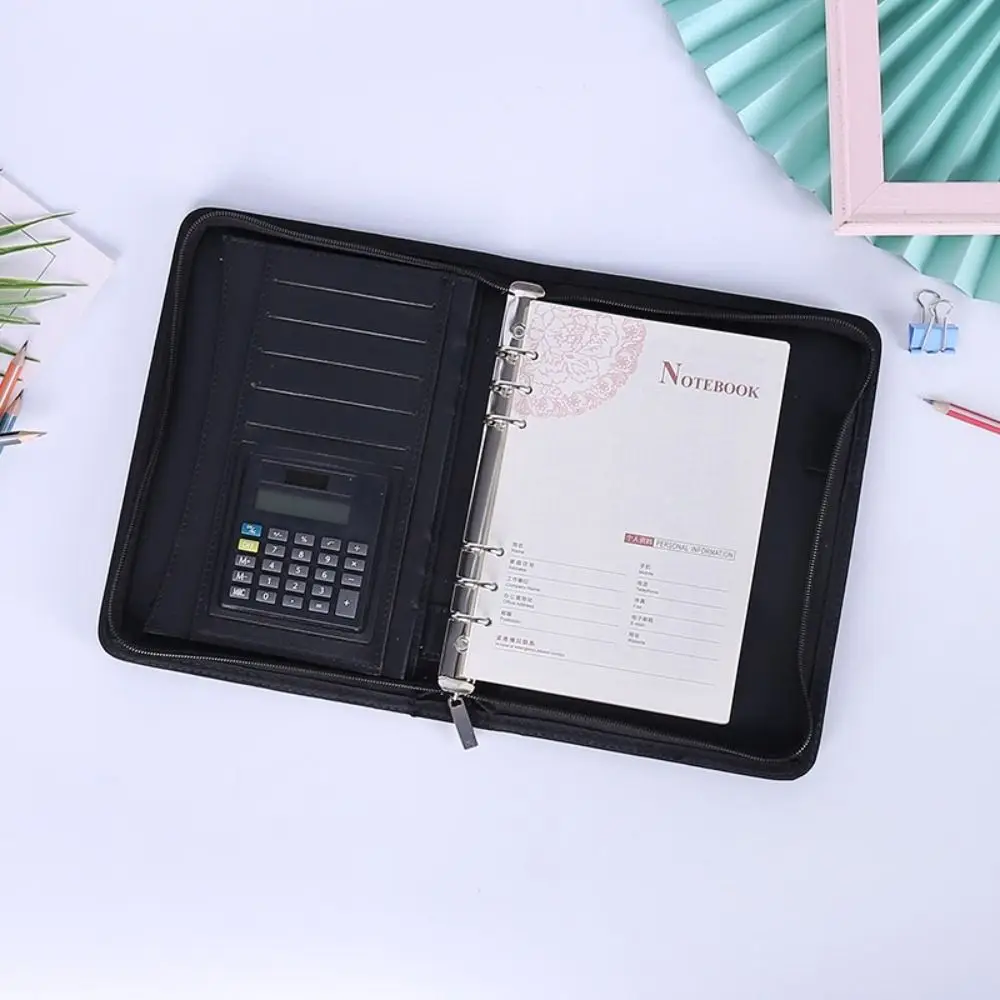 PU Leather A5 Loose-leaf Notebook With Calculator Binder Ring Student Diary Zipper Closure Card Holder Business Notepad Travel