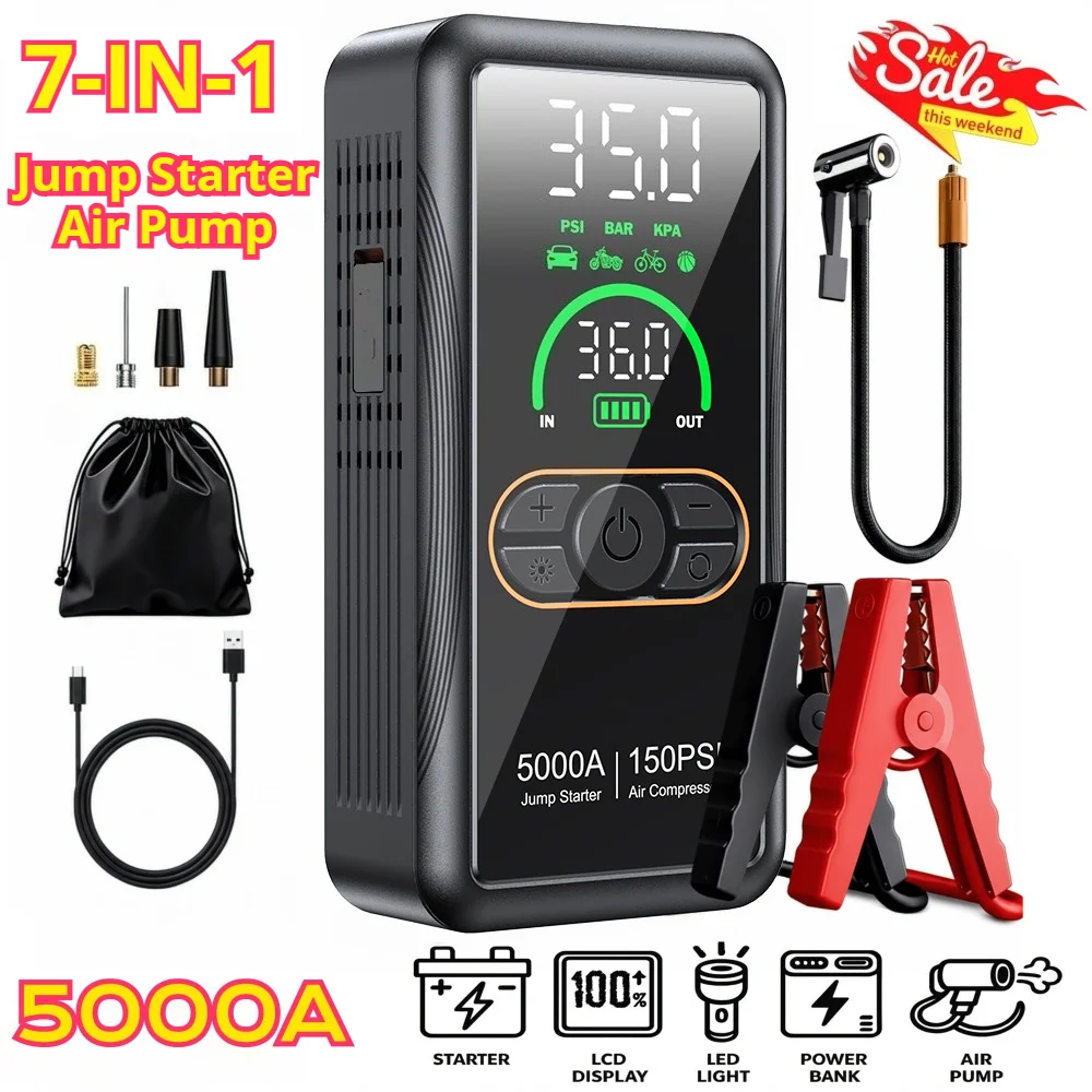 5000A Auto-Starthilfegerät mit Luftkompressor, 150PSI Digitaler Reifenfüller, 12V Tragbarer Autobatterie-Booster, Starthilfegerät mit Powerbank & LED-Notlicht, 7-in-1 Auto-Notfallwerkzeug für die