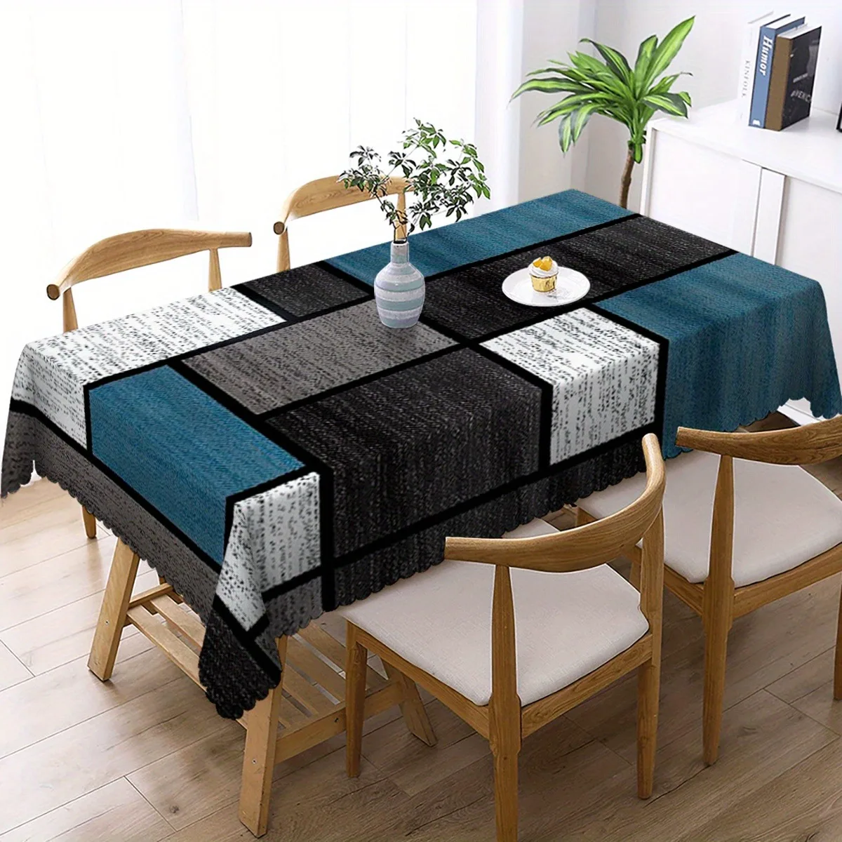 1pc Modern Blue-Grey Geometric Square Pattern Rectangular Tablecloth - Washable Tablecloth