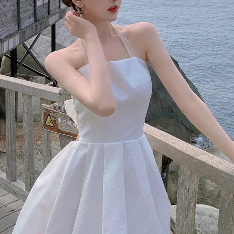 Sleeveless Elegant Fairy Dresses Women Bow Design Sweet Vintage Dresses Femaels One Piece Dress Korean One Shoulder Summmer