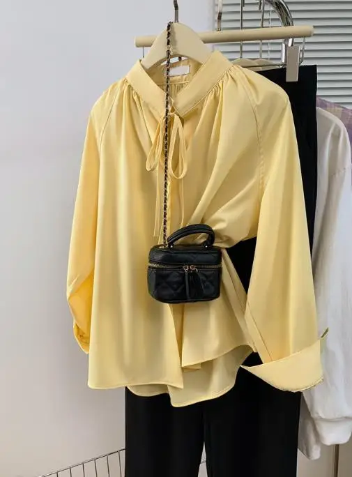 

Autumn Solid Color Original Lace Up Collar Elegant Shirt for Women, Fashionable and Simple Commuting Long Sleeved Shirt