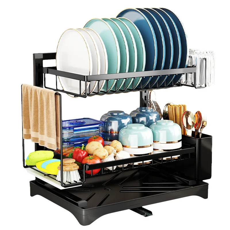 

2 Tier Dish Drainer Rack Rustproof Dish Drainer Rack with Drip Tray and Utensils Holder with 360° Swivel Spout Drain Board Set