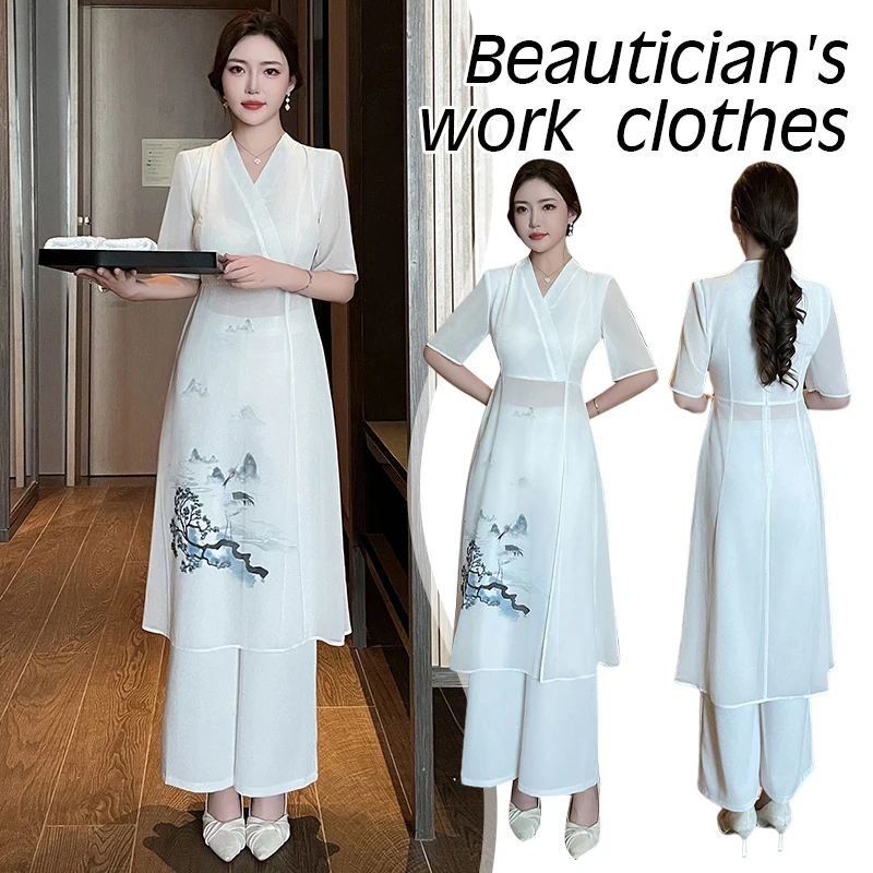 Beautician Overalls Beauty Salon Work Clothes Chinese Style Embroidery Hotel Spa Foot Bath Slim Fit Massage Work Uniform Set