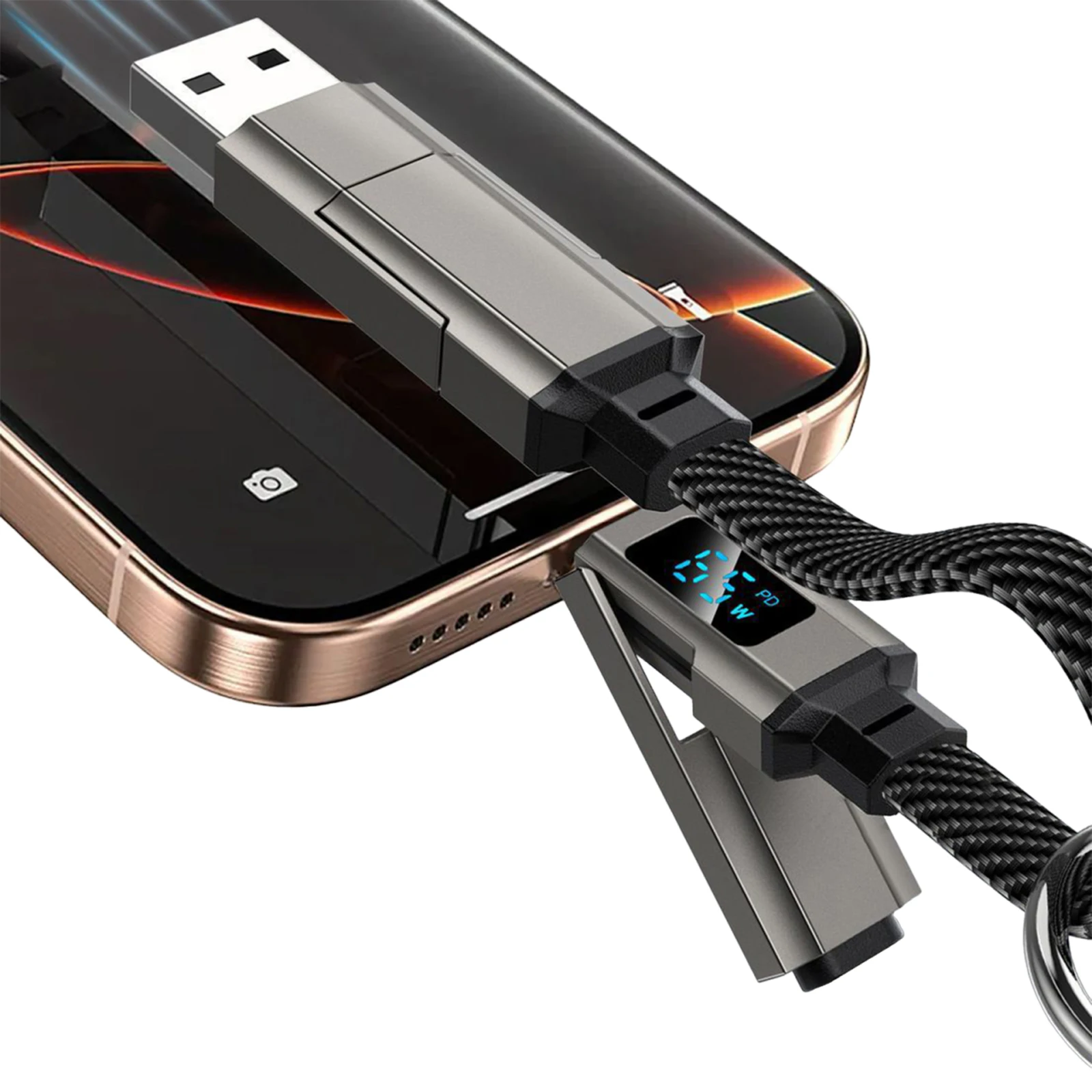 4 in 1 Keychain Charger LED Digital Display Keychain Short Charger Cord Nylon Braided Multi Charging Cable for Cell Phones