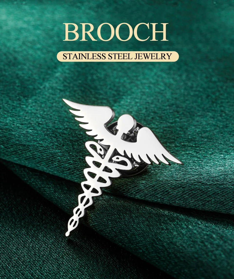 Dawapara Brosche mit Caduceus-Symbol, medizinisches Symbol, Zubehör, Reisende, Talisman, Abschlussgeschenk, Edelstahl-Schmuck – Detail 3
