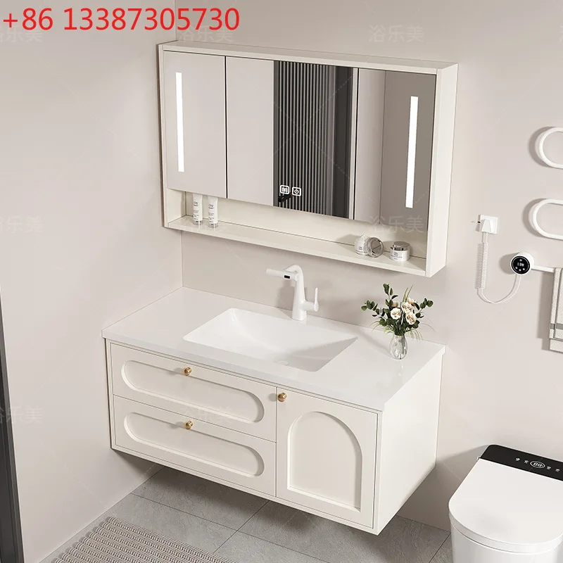 Mueble de baño de viento crema, combinación de lavabo integrado de cerámica, lavabo
