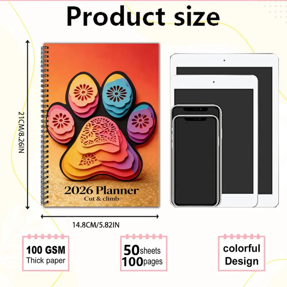 A5 Color Inner Page Spiral Bound Notebook,Cute Notebook with Cute Paw Print Pattern For Daily Life & Work Planning,Cute notebook