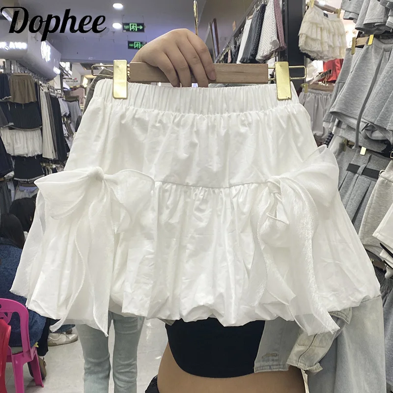 Dophee Original Design Bandage Bow White Puffy Skirt New Spring Summer Spice Girls Flower Bud Skirt Elastic Waist Mini Skirt