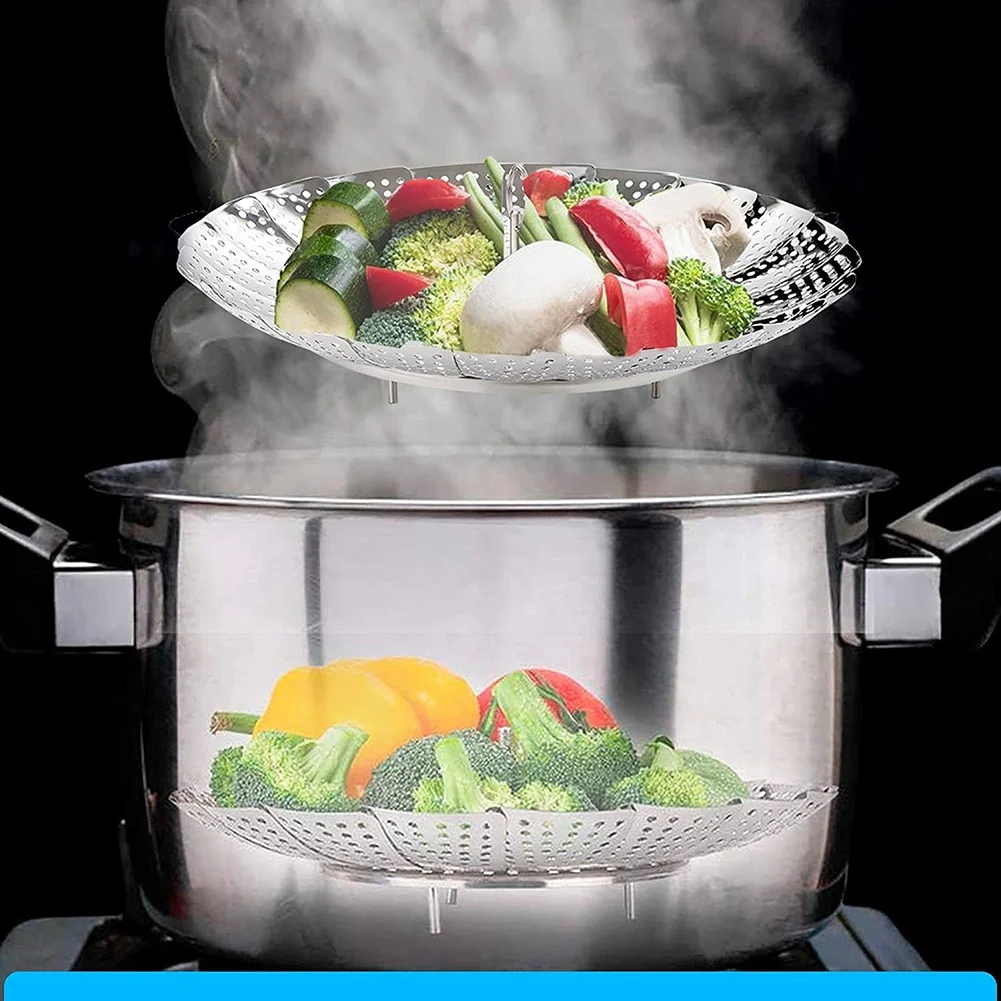 AA81-Folding Dish Steam Stainless Steel Food Basket Mesh Vegetable Vapor Cooker Steamer Expandable Kitchen Tool Steamer
