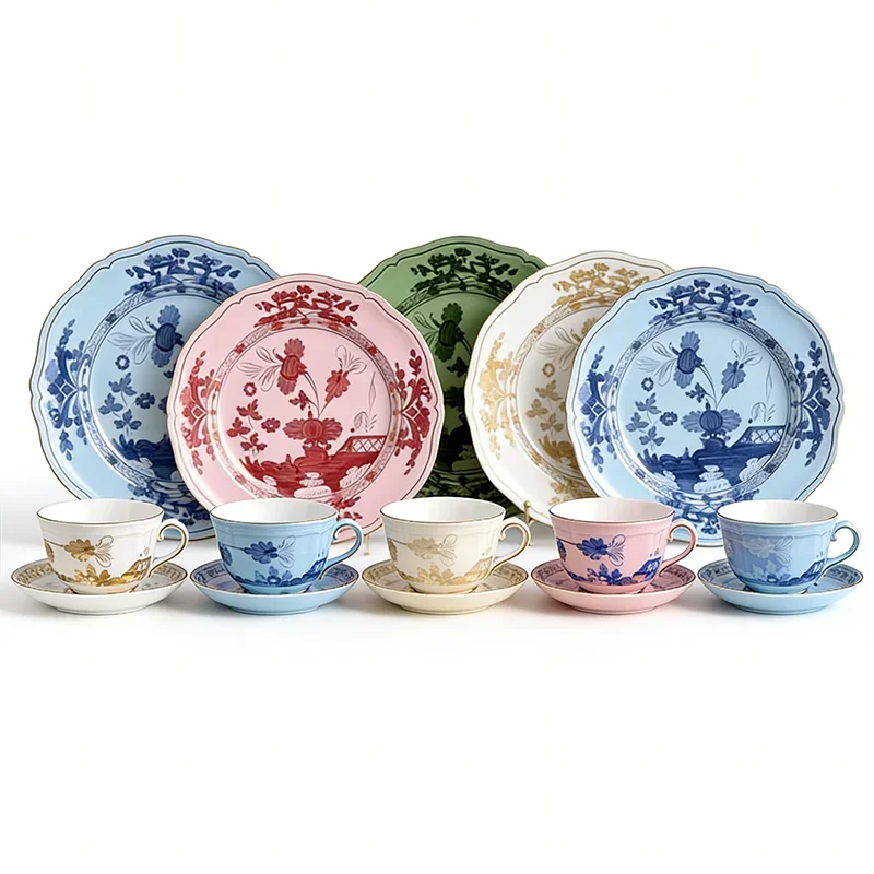 High-end Oriental Series Coffee Cup and Saucer Ceramic Mug Pink Yellow Blue Green Printed Plates Tea Cup Set Gift Box Souvenir