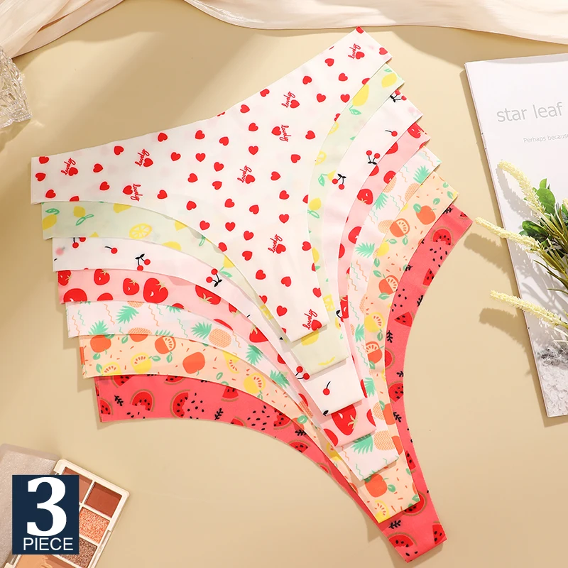 FINETOO 3Pcs/Set Sexy Thong For Women Ice Silk G-String One Piece Seamless Girl Panties Fresh Low Waisted Underwear Print Underw