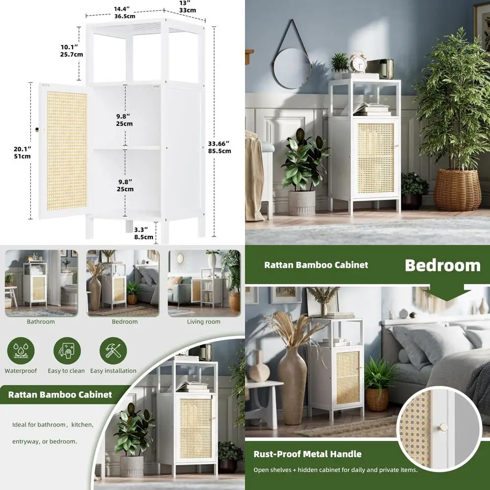 

White Single-Door Rattan Bamboo Cabinet with Shelf for Bathroom, Kitchen, and Living Room Storage