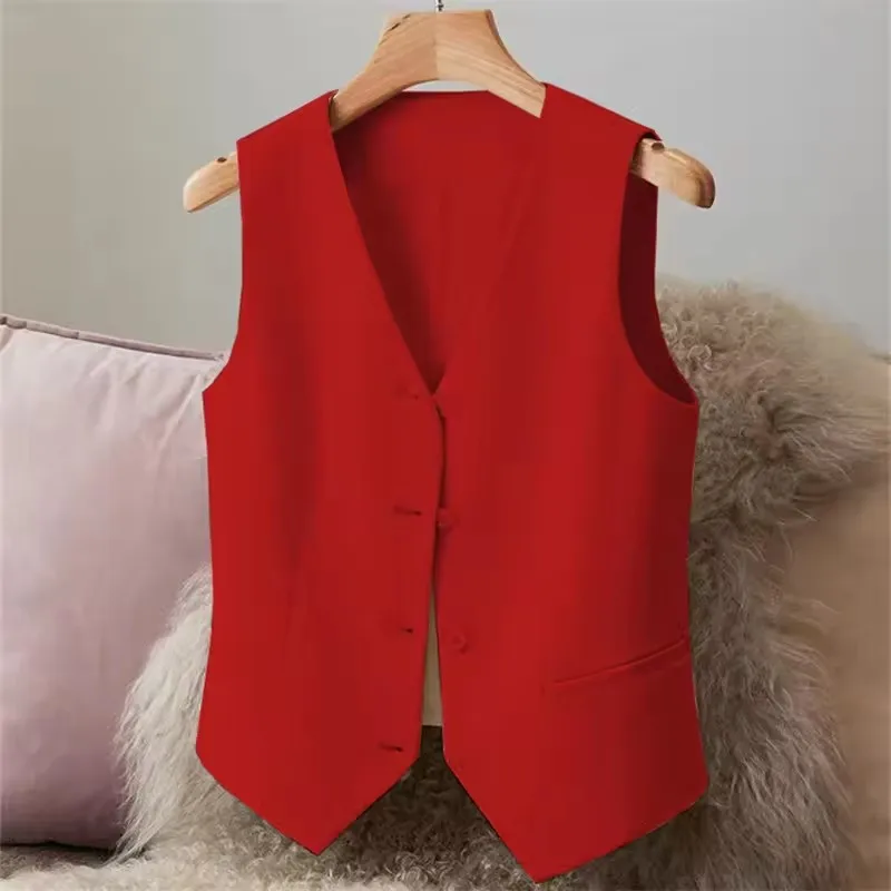 

Elegant OL Suit Vest Women V Neck Single Breasted Formal Business Waistcoat Red Vintage Commuter Design Sleeveless Top JJ1178