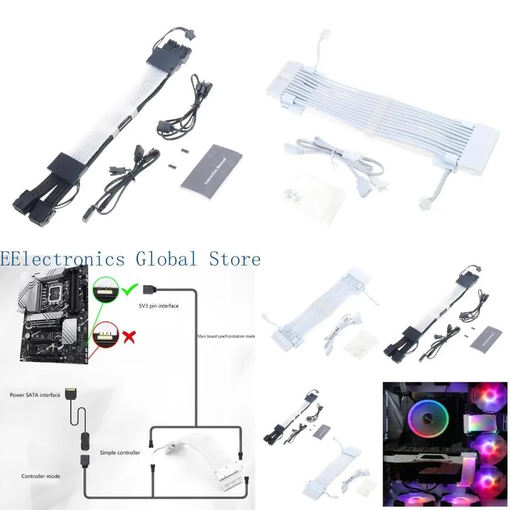 

462B 24 Pin ARGB Extension Cable Lighting PCB Board Braided Fiber Optical Cover Tube for PC Lighting Easy Installation
