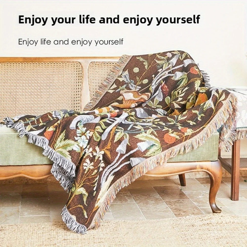 

All-Season Floral Throw Blanket with Tassels - Cotton-Polyester Sofa Cover, Lounge Chair Blanket Cloth for Home Decor