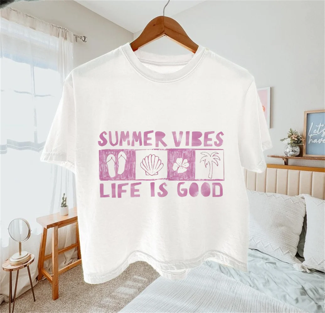 Here Comes The Sun Printed Cartoon Street Trendy Women's Style 90s Short Sleeved Travel Beach Vacation Summer White Top T-Shirt
