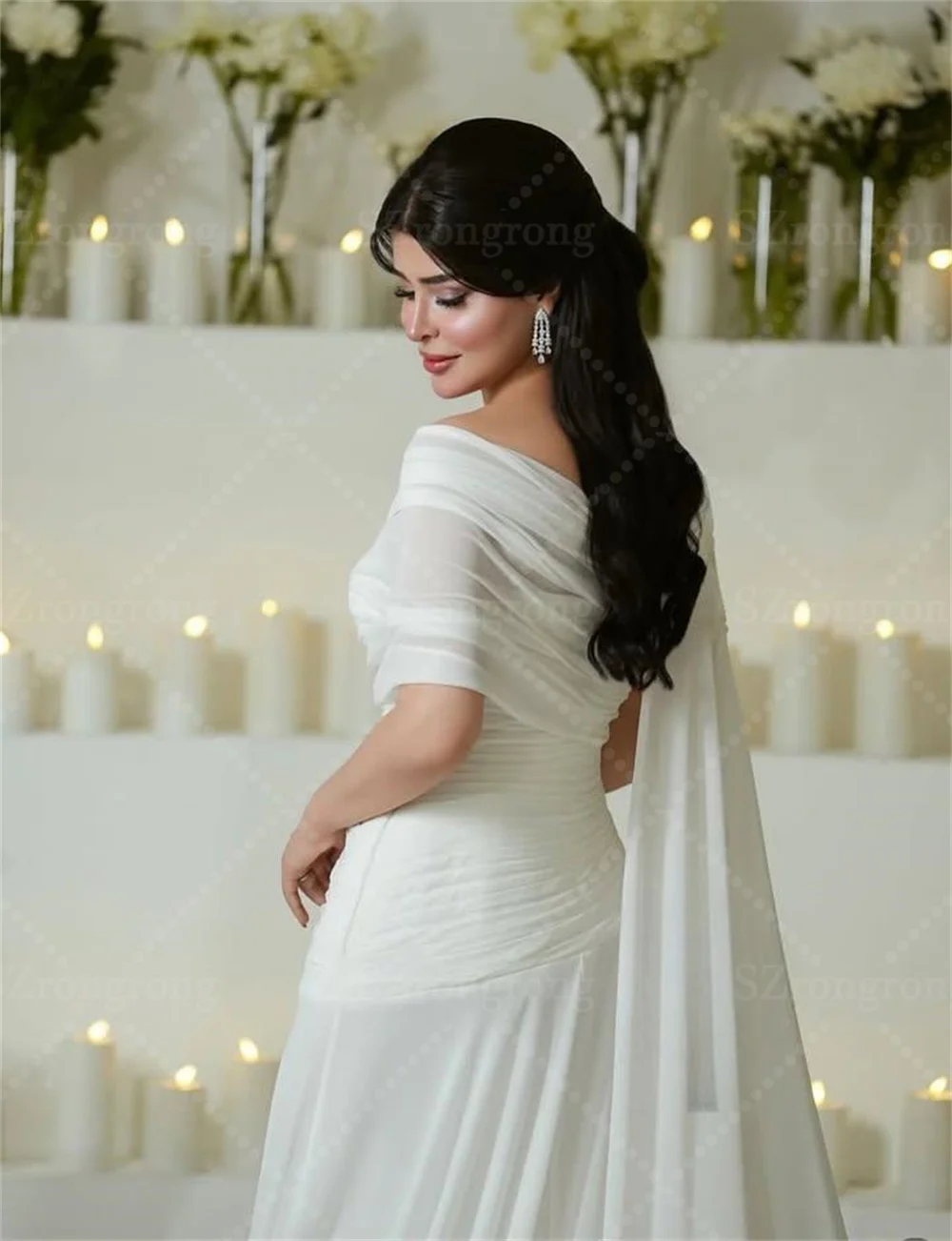Off Shoulder Chiffon Pleated Tiered Muslim Wedding Dress Sheath Lace Cape Saudi Arab Bridal Dress with Train Custom Made