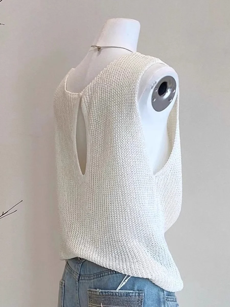 

Белый вязаный жилет без рукавов с открытой спиной для женщин, летняя верхняя одежда с подплечниками от фабрики №13 в Гуанчжоу