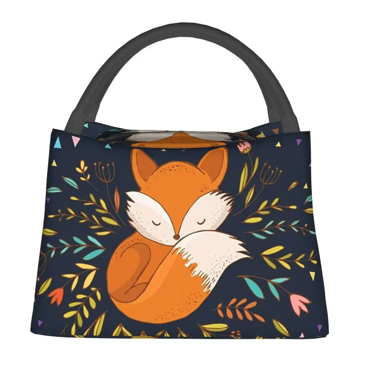 Cute Fox Flowers And Triangles Lunch Bags Insulated Bento Box Lunch Tote Picnic Bags Cooler Thermal Bag for Woman Children