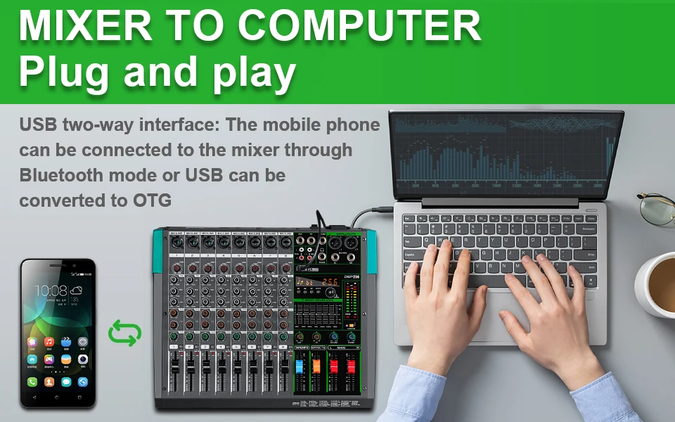 Professioneller Audio-Mixer Depusheng MG8 8-Kanal-Soundboard-Konsole DJ-Mischpult-System-Interface mit eingebautem 256-Reverb-Effekt – Detail 3