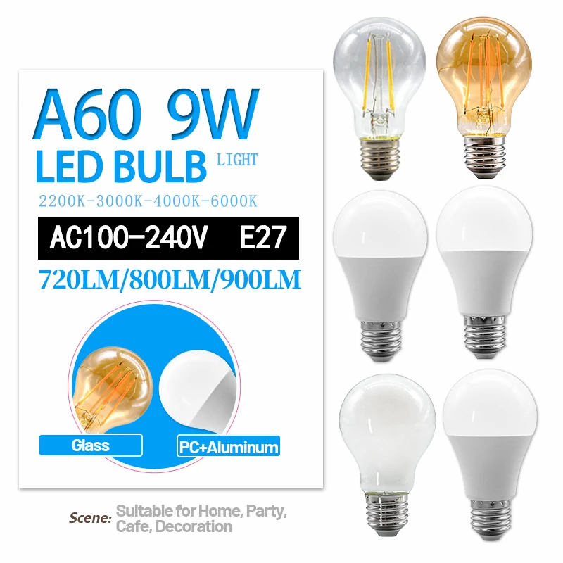 2-Pack 9W High-Quality LED Bulbs (Warm White/Daylight/Red Green Purple) AC100-240V E27 Glass Bulbs for Living Room Decoration