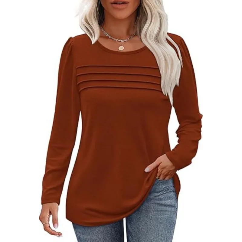 Women's Blouses T-shirt Autumn Long Sleeve Shirts Spring Casual Versatile Tops O Neck Pleated Loose Women Tops Fashion Clothing