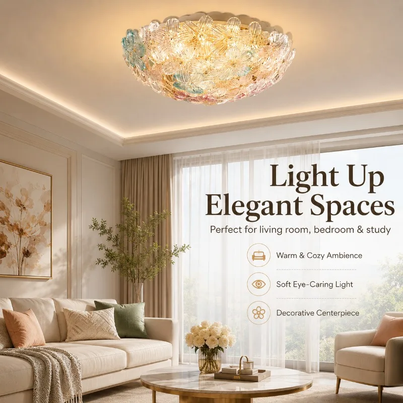 Elegant French Vintage Retro Glass Ceiling Light Floral Cream Style Eye-Care Tri-Color Dimmable for Living Room Bedroom Study