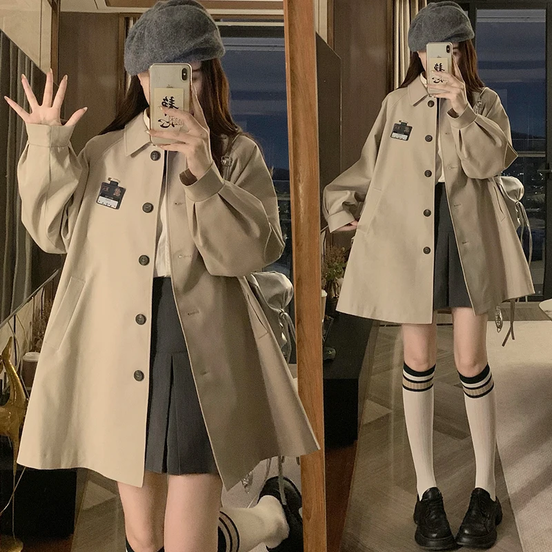 

vintage Simple Preppy Trench Coat Lapel Back Bow Design British-style Women Single-breasted Trendy Casual Outerwear For Autumn