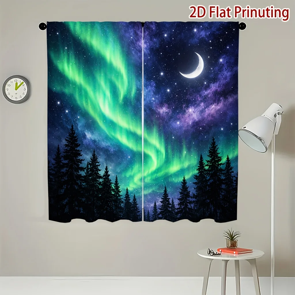 2pcs Aurora Borealis Galaxy Curtains Northern Lights Print Blackout Drape Living Room Bedroom Window Treatment Home Decor