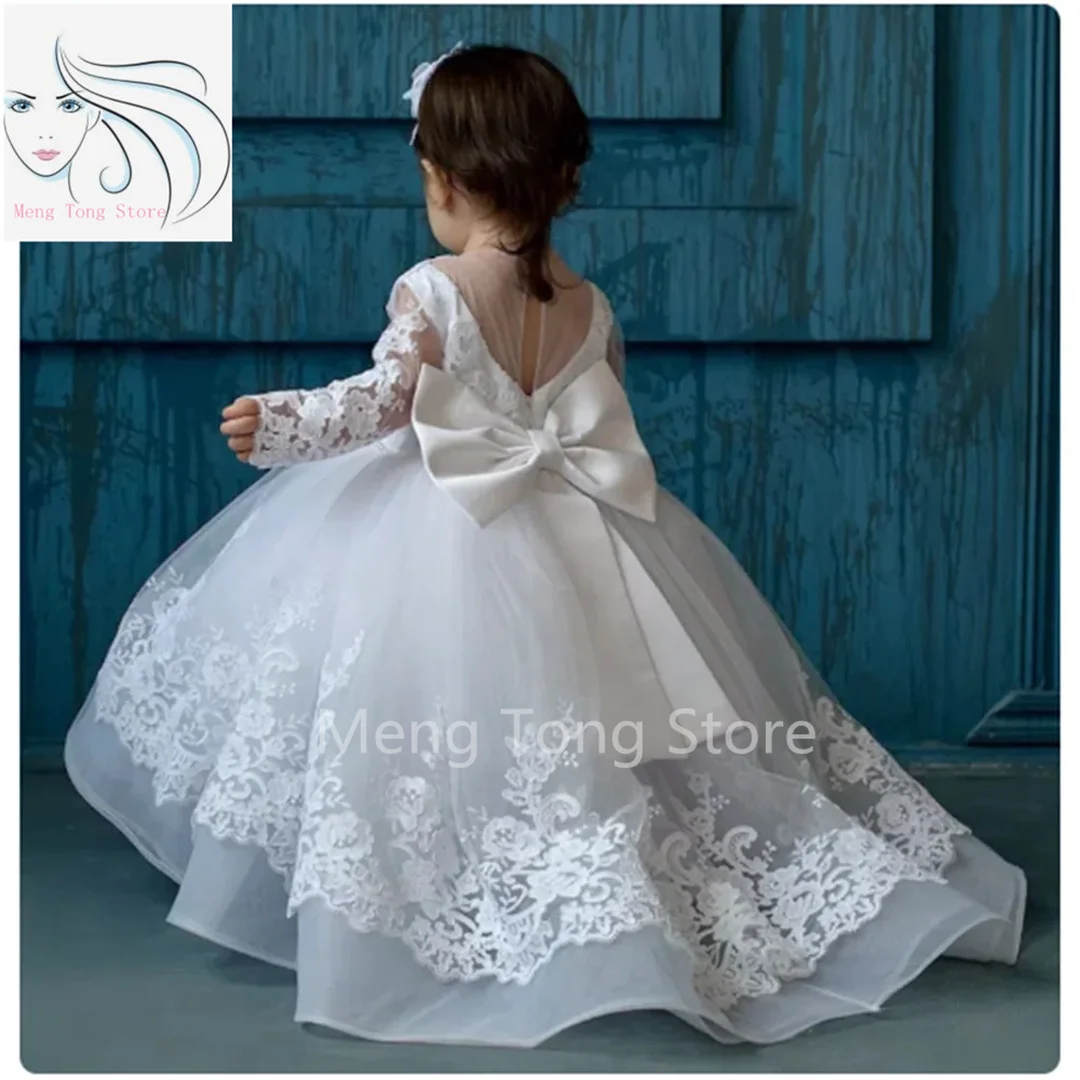 

Baptism White Flower Girl Dresses Tulle Appliques With Bow Long Sleeve For Wedding Birthday Holy Communion Gowns