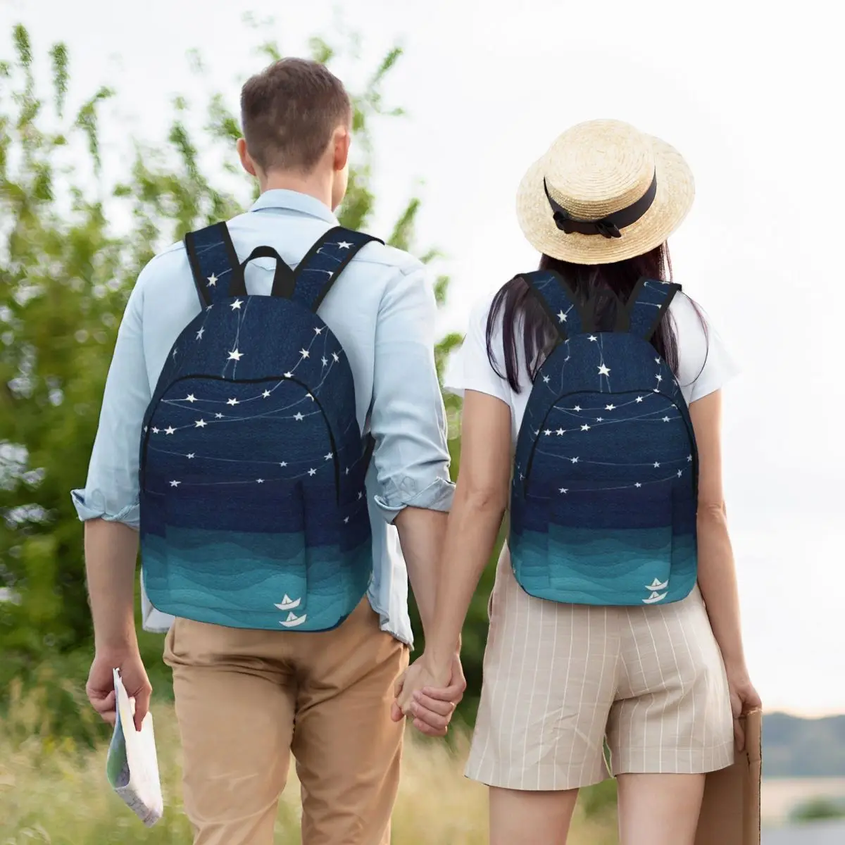 Ghirlanda di stelle zaino medio liceo studente Teal Ocean acquerello Bookbag Teens Daypack leggero