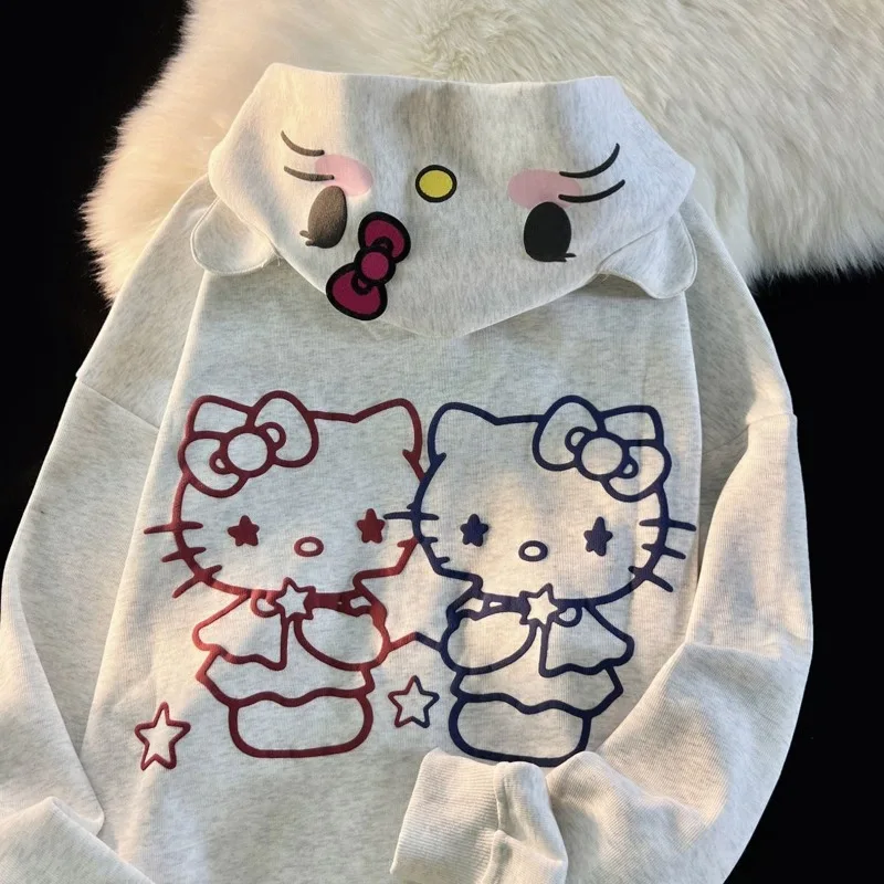 Sanrio Bonitinho Hello Kitty Cardigan Casaco para Mulher, Solto Hoodie Oversized Estudante, Gótico Zip Up Hoodie, Roupas Kawaii, Camisolas Y2K