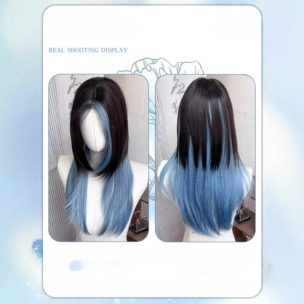 Blue Ombre Wig for Women Long Straight Lace Front Synthetic lolita wigs for Daily Use Cosplay Party Wigs Heat Resistant 가발