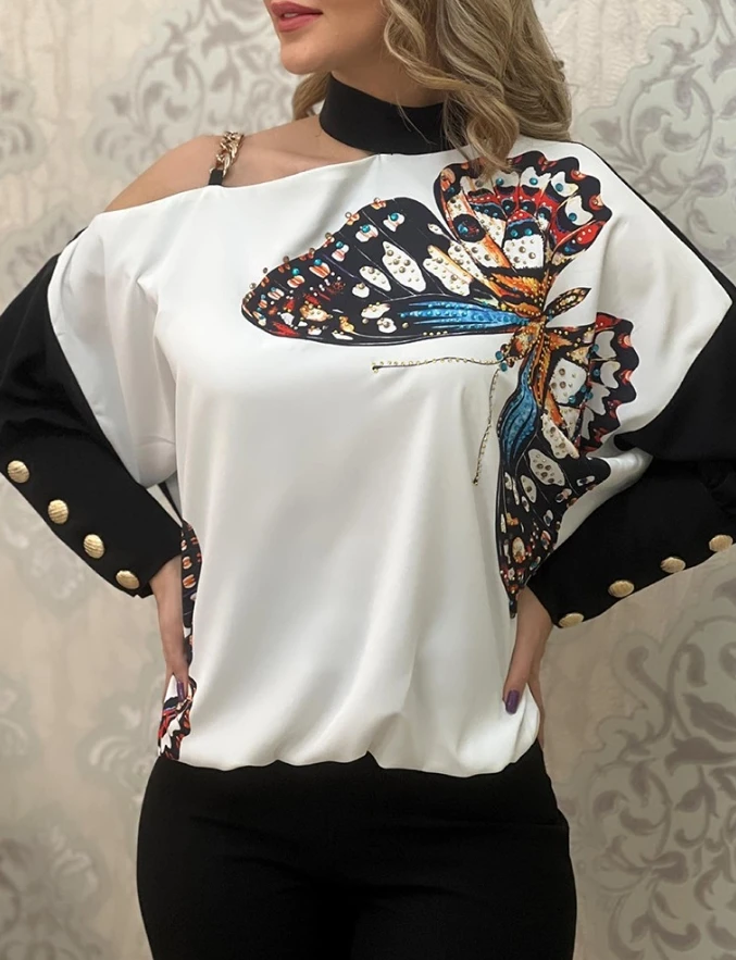 

2024 Hot Selling Women Blouses Spring Summer Asymmetrical Neck Long Sleeve Colorblock Butterfly Print Buttoned Daily Top