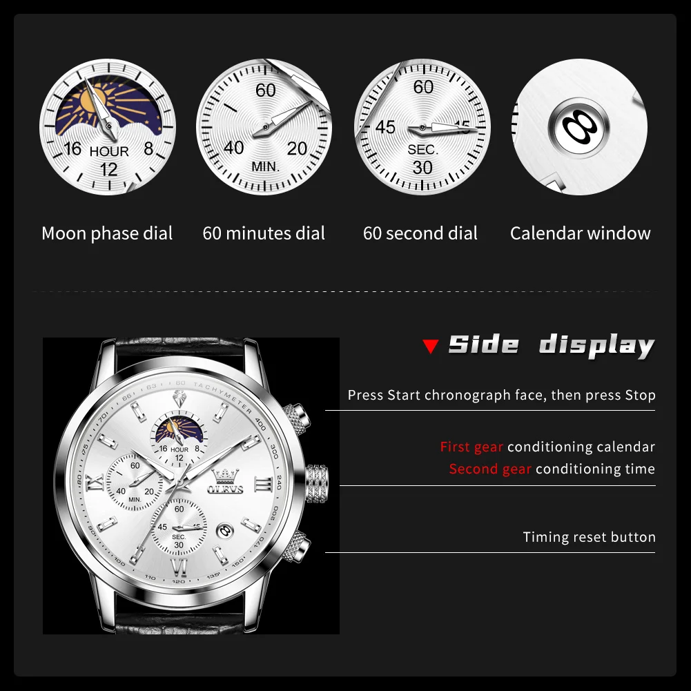 OLEVS New Man Watch Classic Three Eyes Design Chronograph Moon Phase Auto Date Waterproof Luminous Leather Strap Quartz Watches