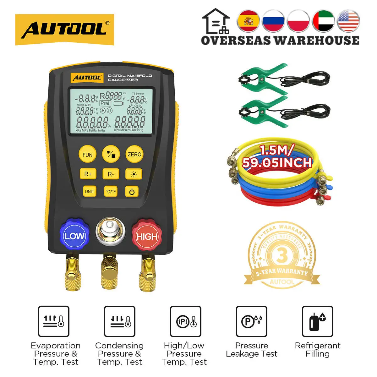 AUTOOL LM120+ Digital Refrigeration Pressure Gauge Air Conditioning Temperature Detector Multi Function Vacuum Pressure Test Tool Kit