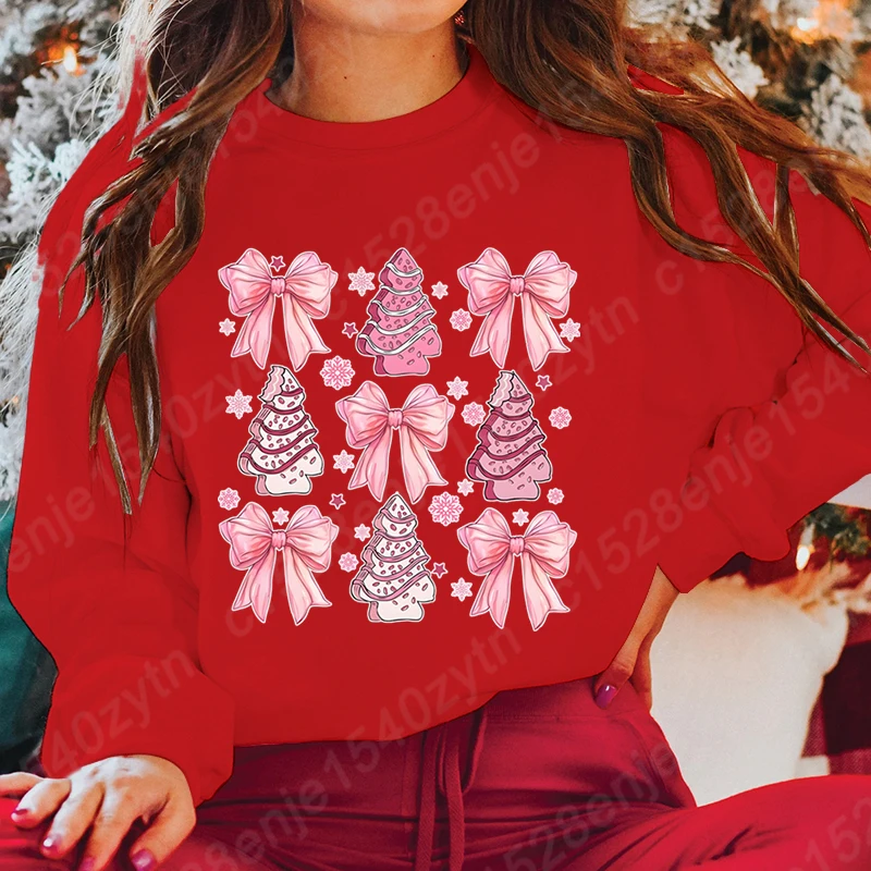 Christmas Pink Bow Gingerbread Print Sweatshirts Autumn Winter Long Sleeve Round Neck Casual Pullovers Women Hoodless Sweatshirt