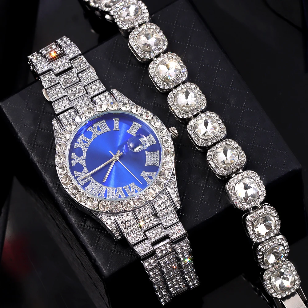 Necklace+Watch+Bracelet Iced Out Square Crystal Cuban Bracelets Necklace Set Men Women Chunky Crystal Tennis Chain Punk Jewelry