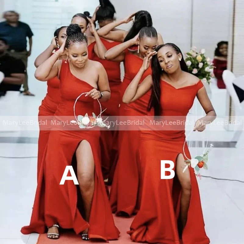 

Red High Slit Bridesmaid Dresses One Shoulder Simple Mermaid Long Crepe Wedding Party Dress robe demoiselle d honneur femme 2024