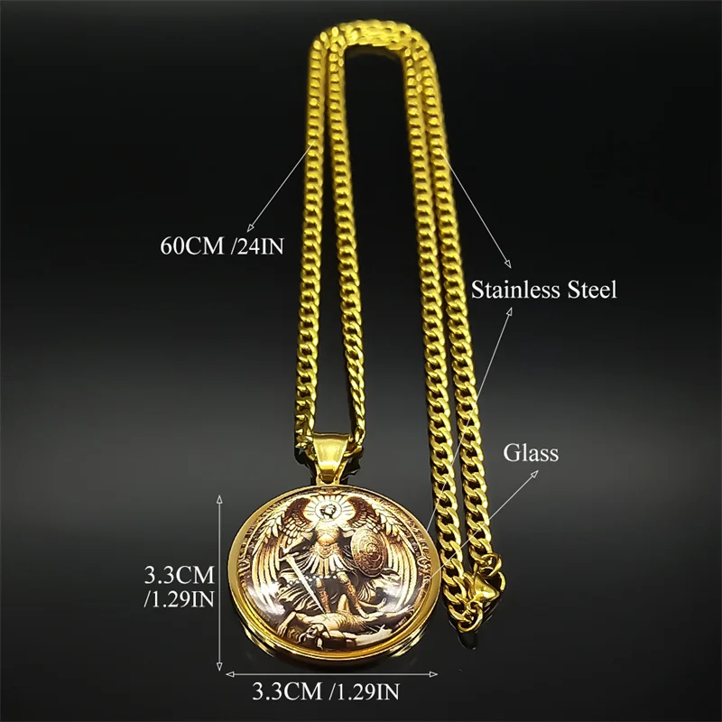 SAINT MICHAEL PROTECT US Archangel Stainless Steel Round Glass Medal Pendant Necklace for Women Men Gold Color Chain Jewelry view 6