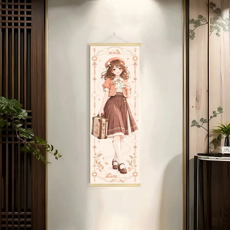 Anime Girls in Earth Tone Dresses Hanging Scroll with Delicate Floral Borders and Soft Lavender Accents for a Bedroom