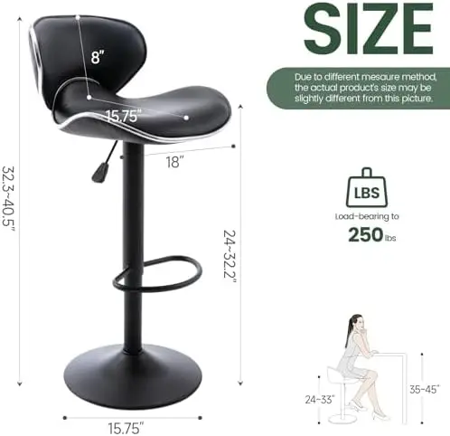 PU Leather Adjustable Bar Stools, Modern Swivel Airlift Barstools with Back, Armless Counter Height Chairs for Kitchen view 2