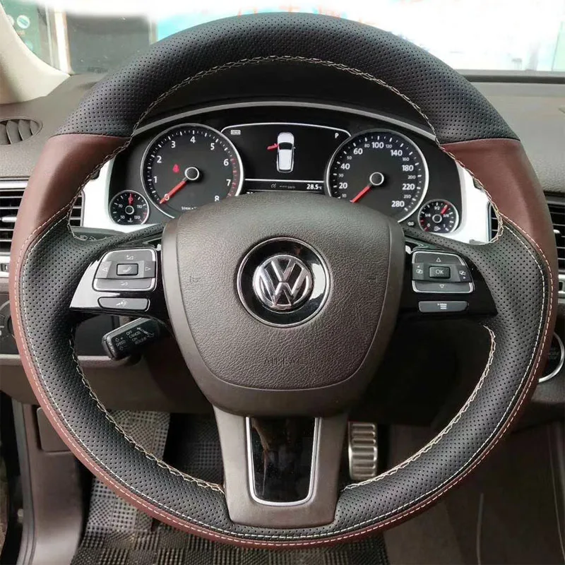 

100% Fit For Volkswagen VW Touareg 2011-2023 Auto Parts Hand-stitched black brown Genuine Leather car steering wheel cover