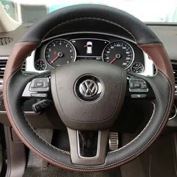 100% Fit For Volkswagen VW Touareg 2011-2023 Auto Parts Hand-stitched black brown Genuine Leather car steering wheel cover