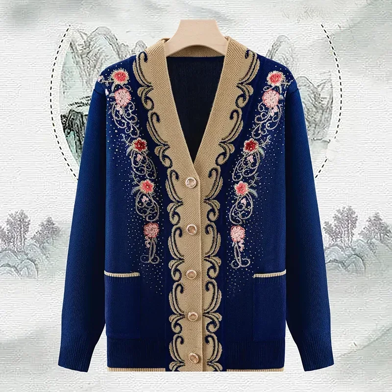 

Autumn Middle-aged and Elderly Women's Knitted Sweater Mother's Long Sleeved Embroidered V-neck Sweater Cardigan Coat Female B55