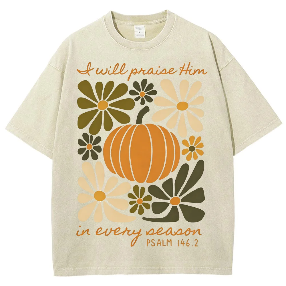 Women T Shirt I Will Praise Him In Every Season Pumpkin Flower Print  Short Sleeve Crewneck Loose Cotton Graphic Tees