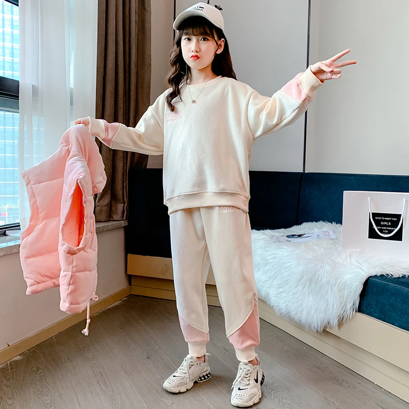 Conjunto de camiseta y chaleco con forro de Fce para niña, conjunto de ropa para niño coreano a la moda para otoño e invierno