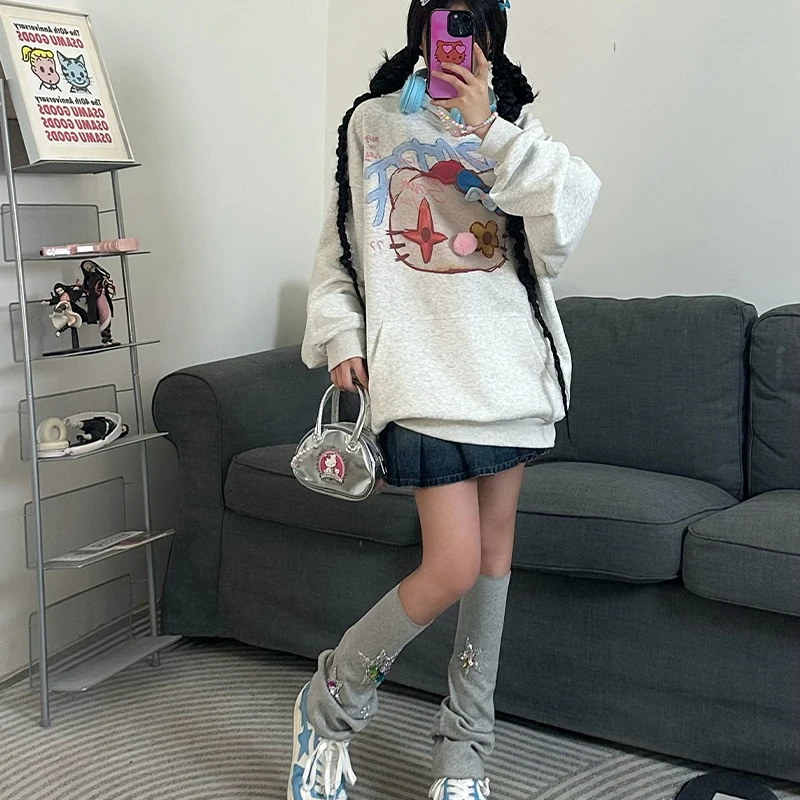 Hello Kitty Y2K Hooded Pullover Kawaii Sanrio Kt Cotton Sweatshirt Anime Cartoon Autumn Oversize Casual Loose Vintage Streetwear